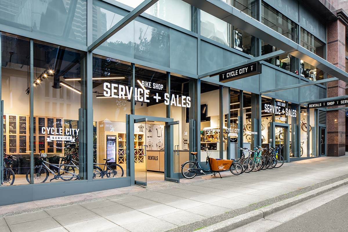 Storefront view of the Cycle City Vancouver Bike Shop. Your one-stop shop for all your essential bike accessories.