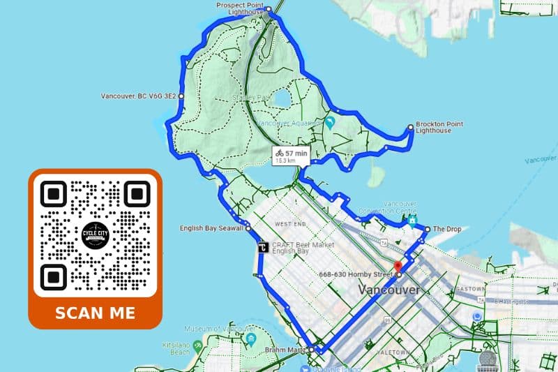 A map showing the route around Stanley Park to English Bay with a QR Code