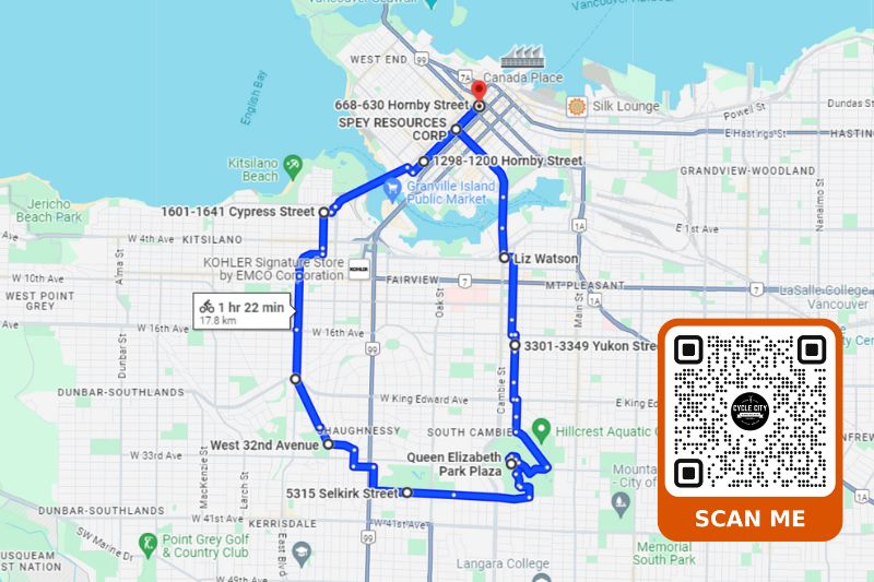 A map of the route from Cycle City to Queen Elizabeth Park with a QR code to scan