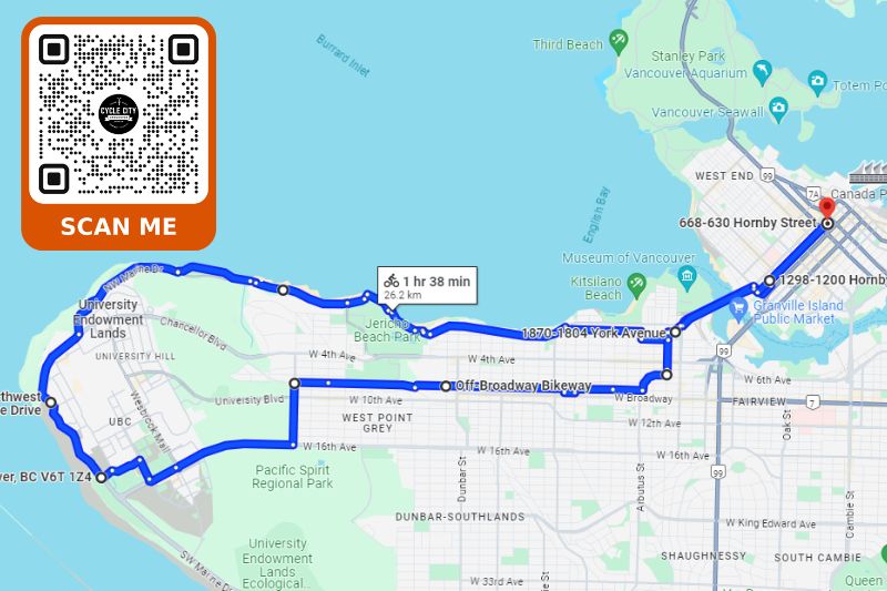 A map showing the route from cycle city to UBC through Kitsilano