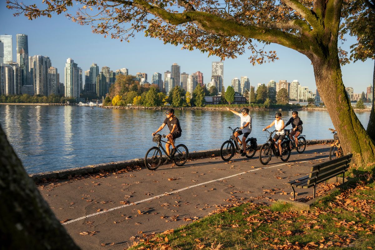 Four cyclists riding the Seawall on a Cycle City guided bike tour.