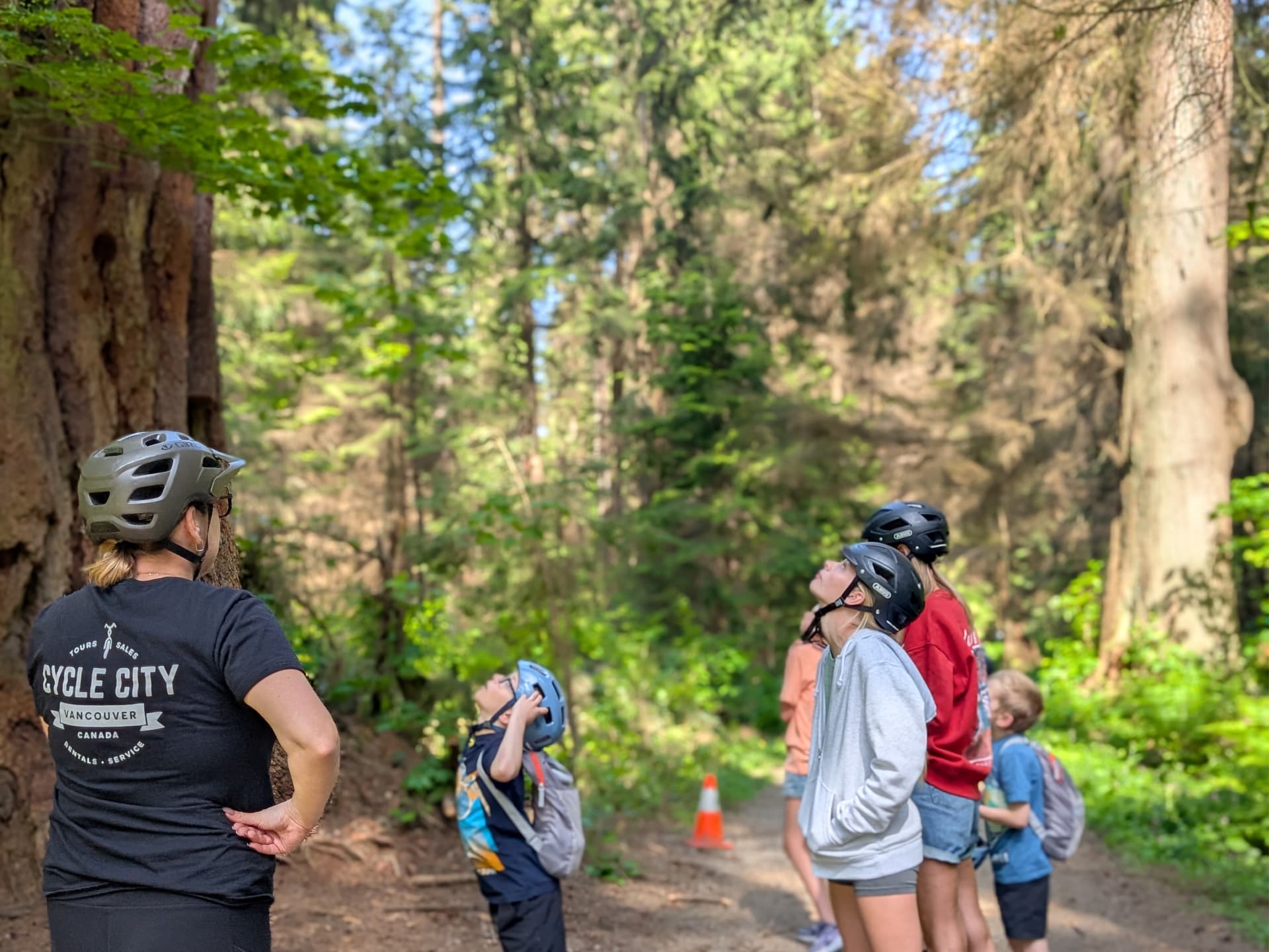 the tour group including children looks up an at old growth tree in Stanley Park