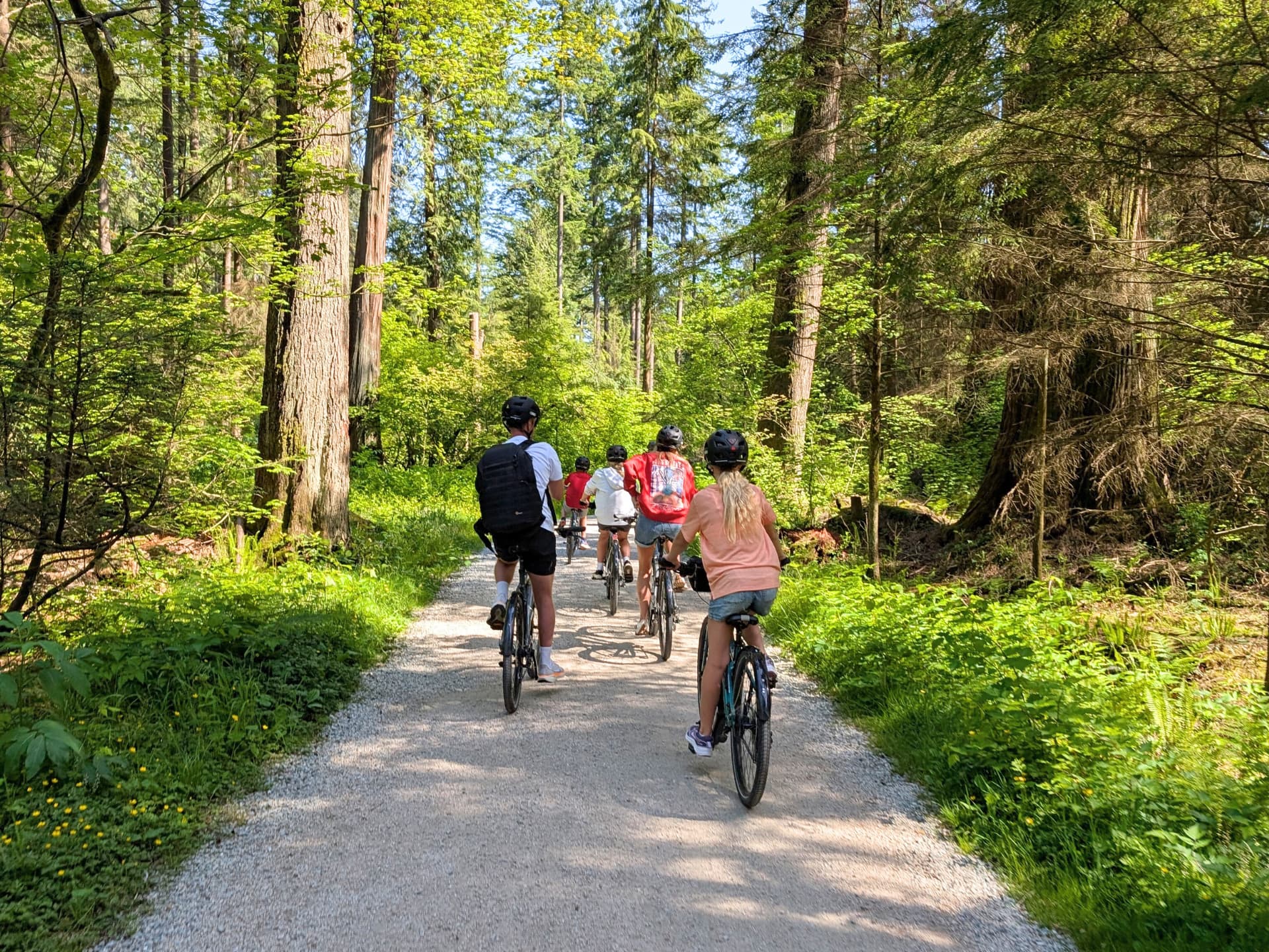 a group rides through stanley park on their bikes, on a gravel road with greenery everywhere