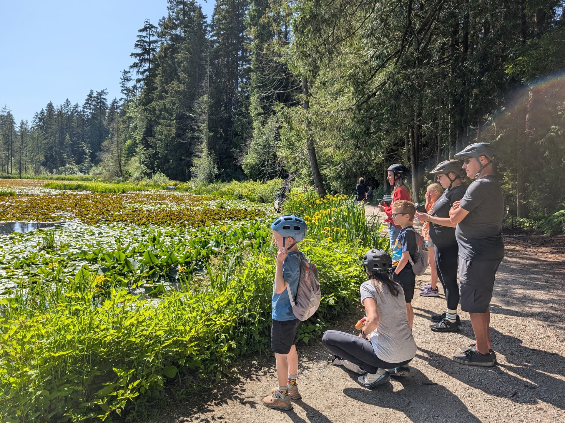 The Tour group is surrounded by greenery at Beaver Lake in Stanley Park, as they look off into the lake to see the Beaver Dam